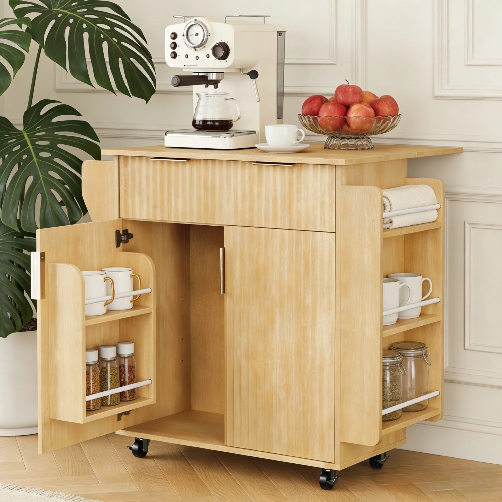 Ktaxon Modern Rolling Kitchen Island Cart,Fluted Wood Kitchen Storage Cabinet with Wheels,Spice Racks and 2 Drawers for Dining Room,Home,Natural Wood