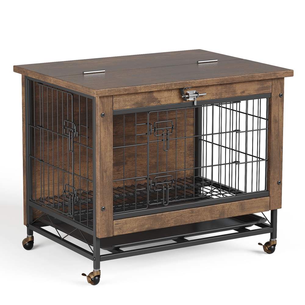Dog Crate Furniture with 2 Doors,  Indoor Small Dog Crates with Wheels,  Heavy Duty Wooden Kennel Furniture,  End Side Table Cage,  Anti-Chew,  Rustic Brown