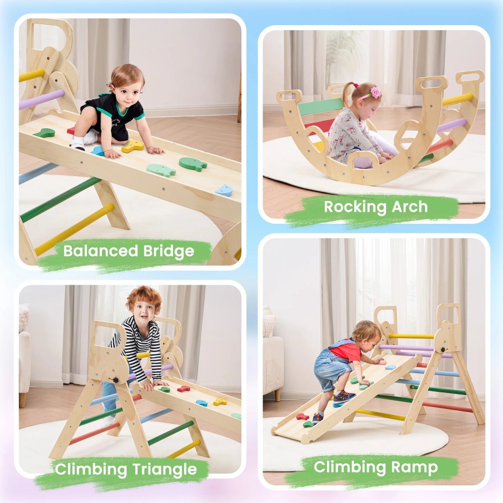 Naipo Pikler Triangle Set, Climbing Frame 8 in 1 Toddler, Wooden Climbing Indoor Kids Playground, Jungle Gym Play Set for Toddler, Baby, 3-Piece Rainbow - Image 9