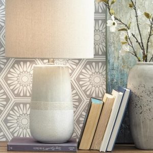 Signature Design by Ashley Shavon Ceramic Table Lamp, Beige/White, Coastal Drum Shade Lamp with 3-Way Switch