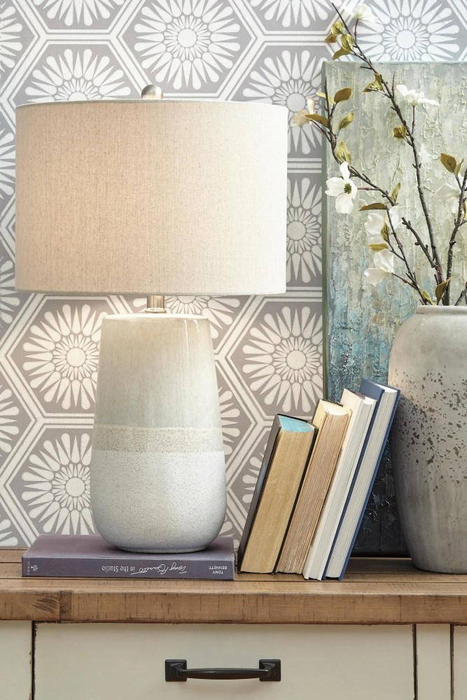 Signature Design by Ashley Shavon Ceramic Table Lamp, Beige/White, Coastal Drum Shade Lamp with 3-Way Switch
