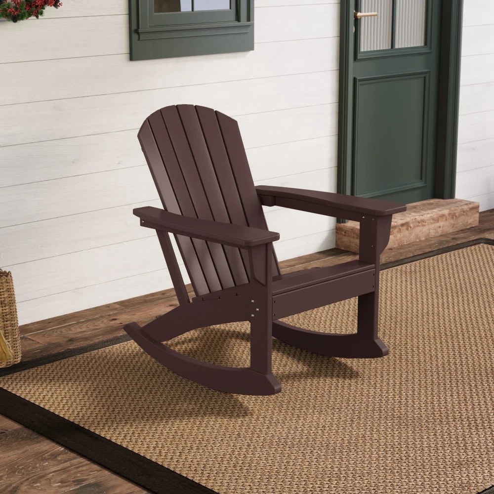 WestinTrends Dylan All-Weather Poly Lumber Adirondack Rocking Chair,Seashell Design,450-lb Capacity,Patio Porch Furniture,Dark Brown