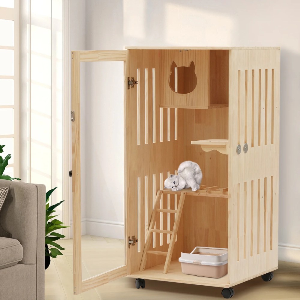 ChicHomey Large Wooden Cat House for Cats, Multi-Feature Cat Condo with Cat Scratching Posts Oversized Cat Villa on Wheels, Ventilated Design Safe Cozy Sleeping Playing Space - Image 8