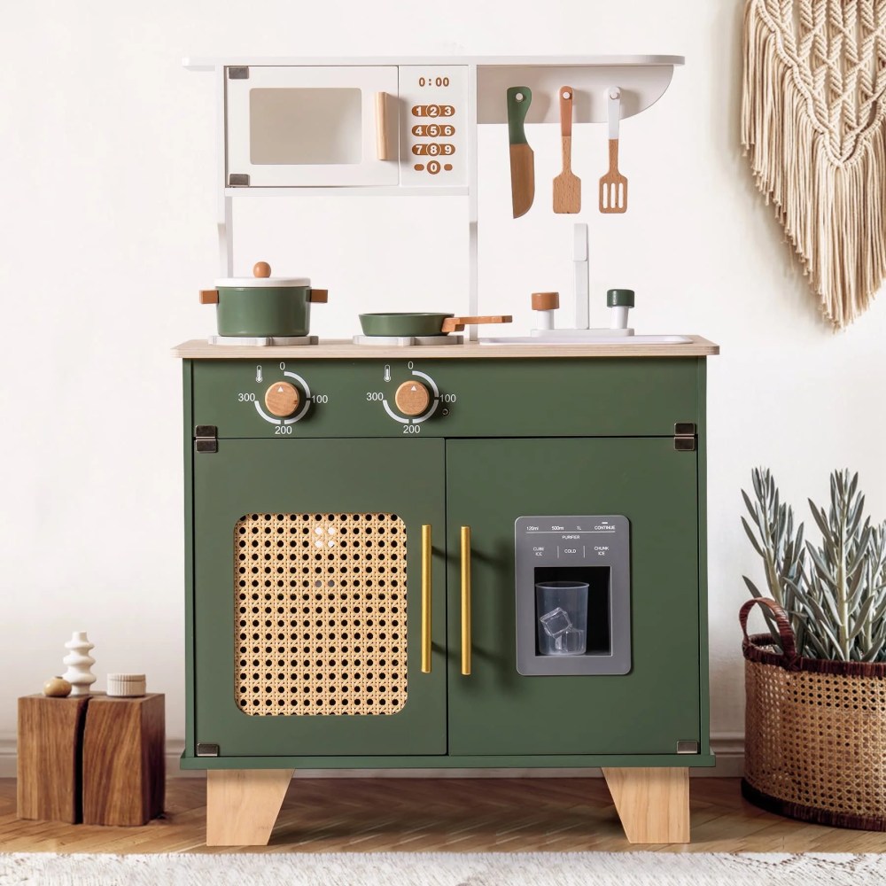 Robud Kids Kitchen Play Set with Fridge, Microwave, Dishwasher, Vintage Green, Suitable for Age 3