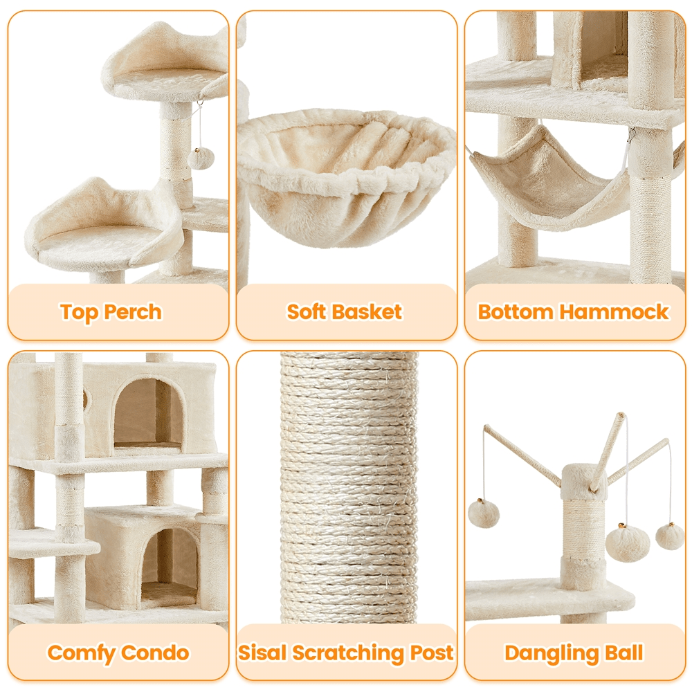 Alden Design 67" H Large Multi-Level Cat Tree with 2 Cat Condos for Indoor Cats, Beige - Image 6