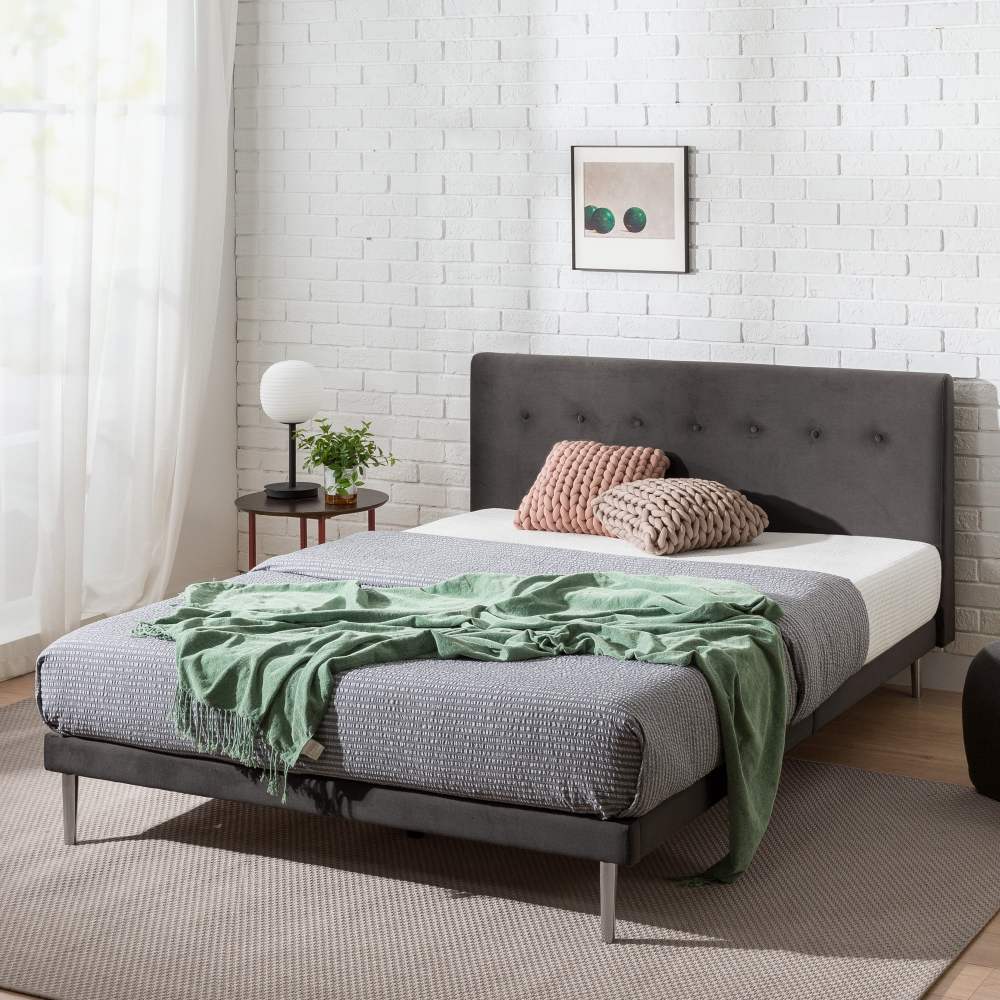 Zinus Taylor 38" Velvet Upholstered Platform Bed Frame,Charcoal,Queen