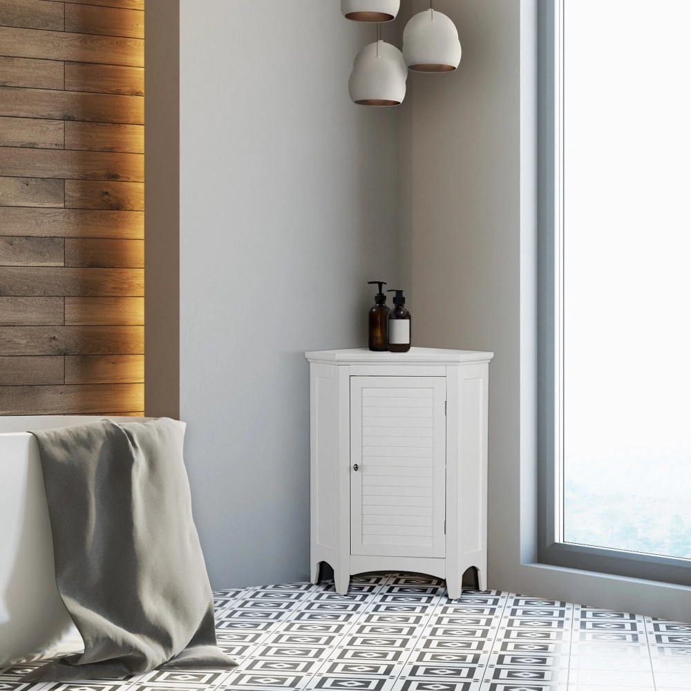 Teamson Home Glancy Freestanding Corner Floor Accent Cabinet with Faux Louvered Door, White