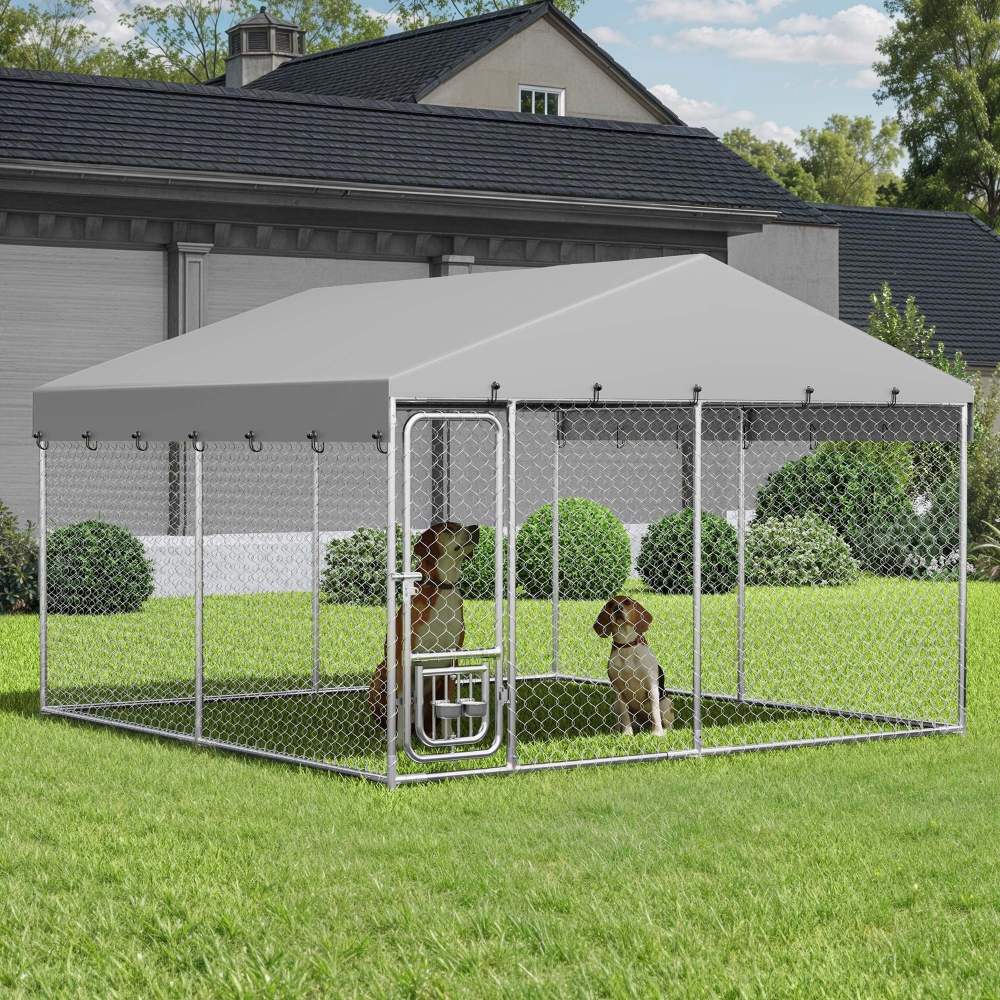 Dextrus 10'x10" Large Outdoor Dog Kennel,  Outdoor Dog Enclosure with Rotating Feeder Bowls & Roof,  Heavy Duty Dog Kennel for Backyard Farm