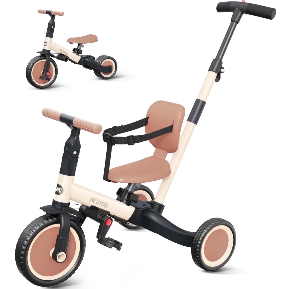 newyoo Toddler Tricycle with Push Handle for 1-3 Year Old,  Toddler Bike,  Birthday Gift and Toy for Boys and Girls,  5 in 1 Kids Trike,  Balance Bike with Backrest and Safety Belt,  Khaki,  TR007