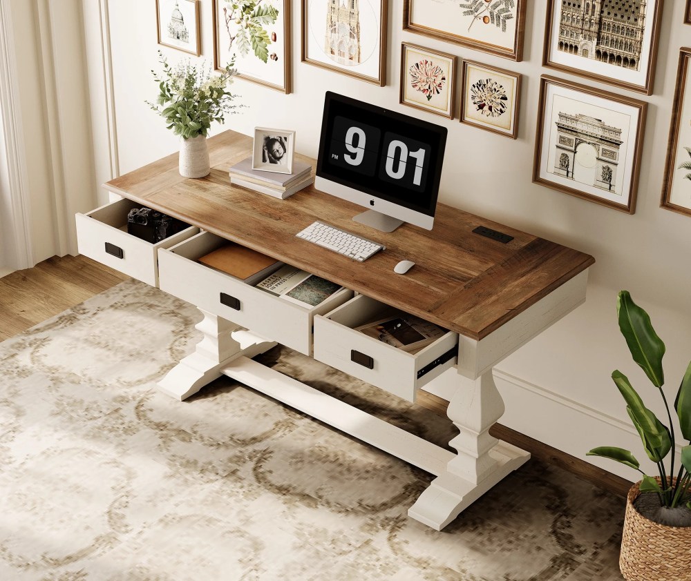 WAMPAT Farmhouse Office Desk with Charging Station - Vintage Rustic Executive Writing Table,Includes 3 Storage Drawers,Sturdy Solid Wood Legs and Ergonomic Rounded Edge for Study, Cream White - Image 3