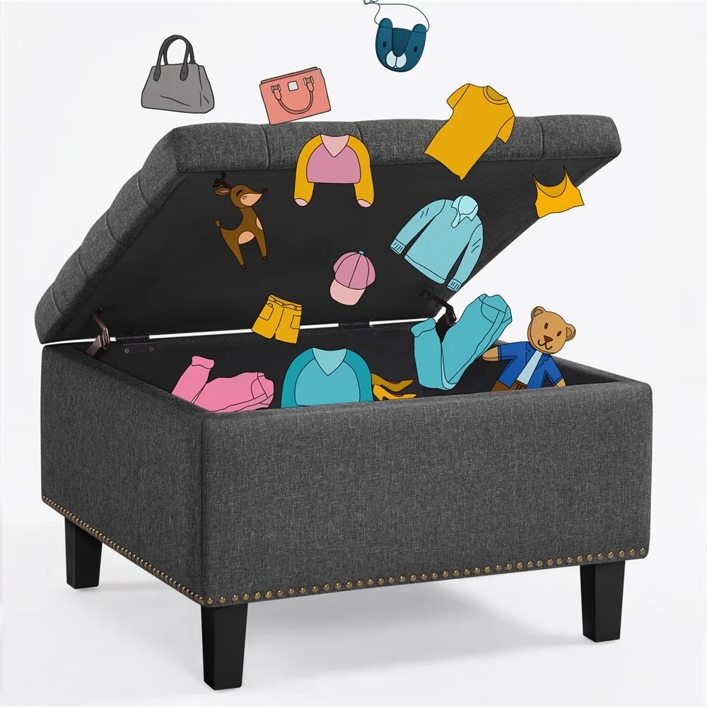 Alden Design Modern Linen-like Storage Ottoman Bench with Button-Tufted for Entryway,Dark Gray - Image 5
