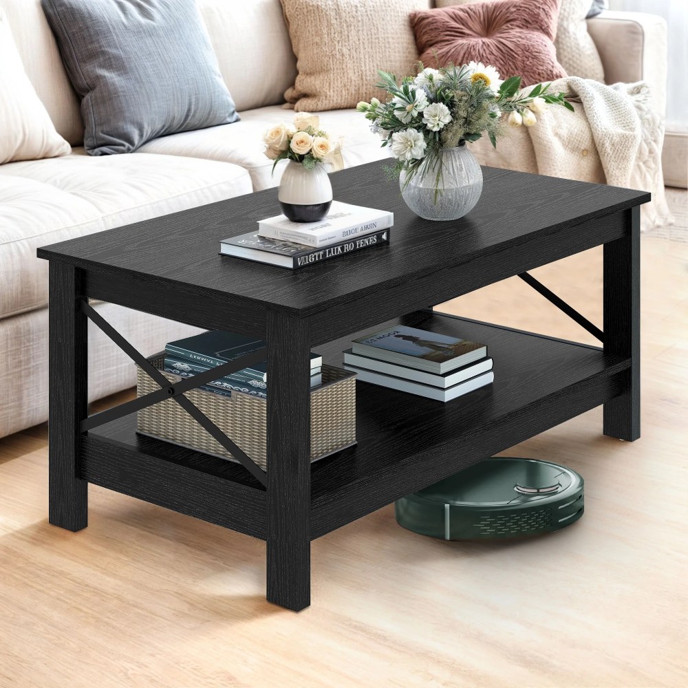 Wooflex Wood Farmhouse Coffee Table with 2-Tier Open Shelf-Black-Living Room & Home Office - Image 5
