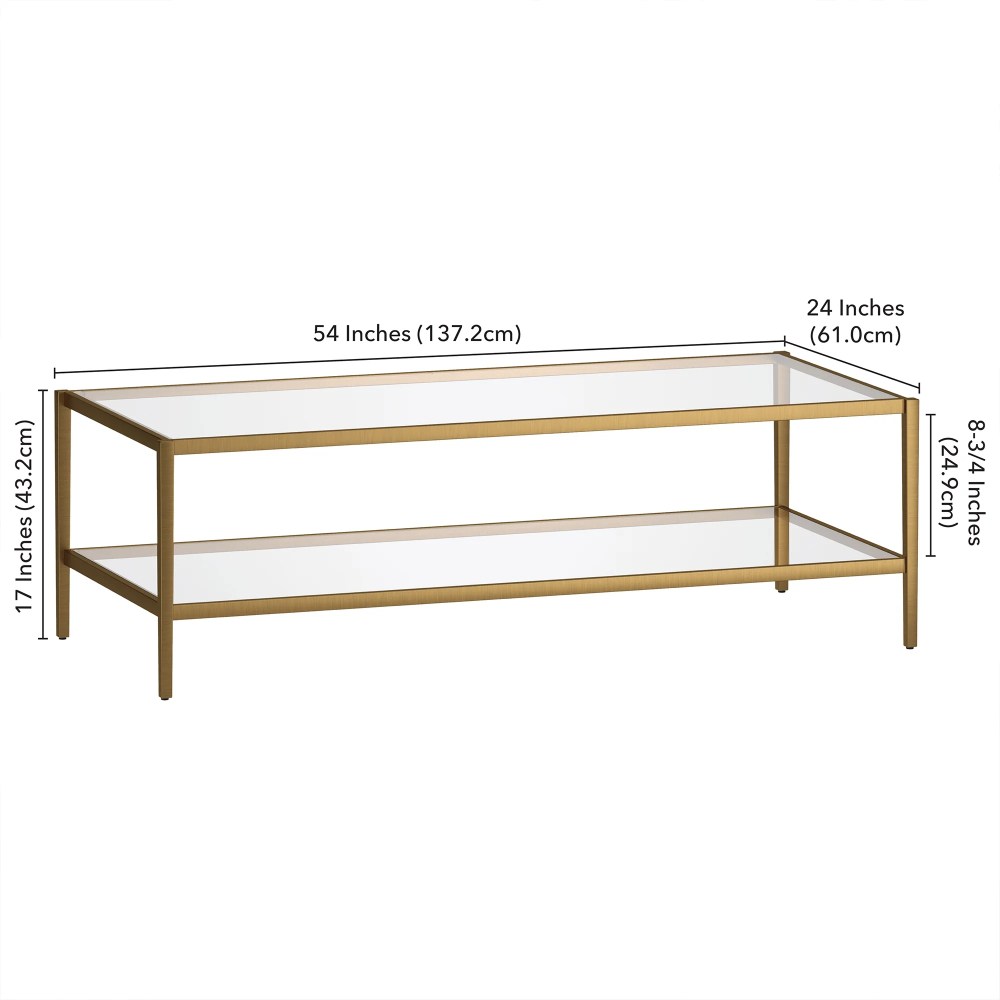 Evelyn&Zoe Hera 54" Wide Rectangular Coffee Table with Glass Shelf, Antique Brass - Image 2
