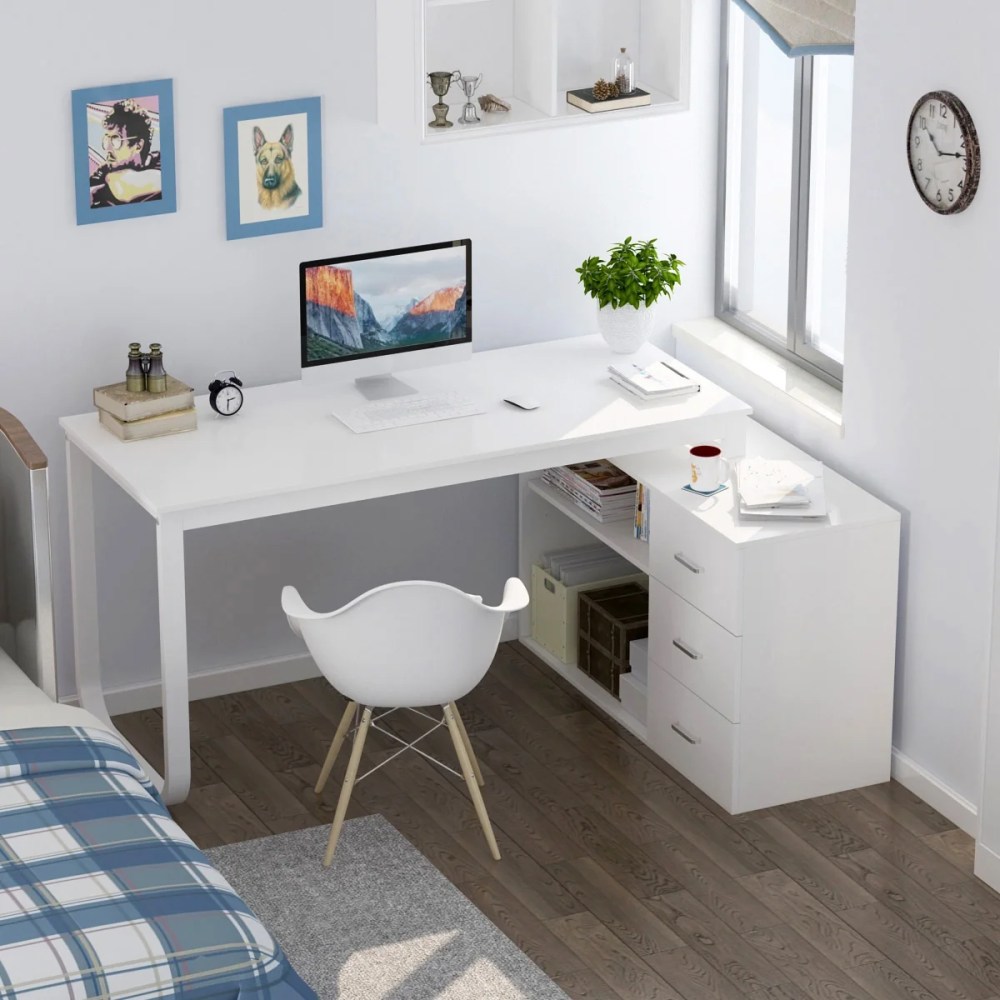 WIAWG 55" White L Shaped Desk with Storage Shelf Corner Office Writing Desk Study Workstation Table - Image 5