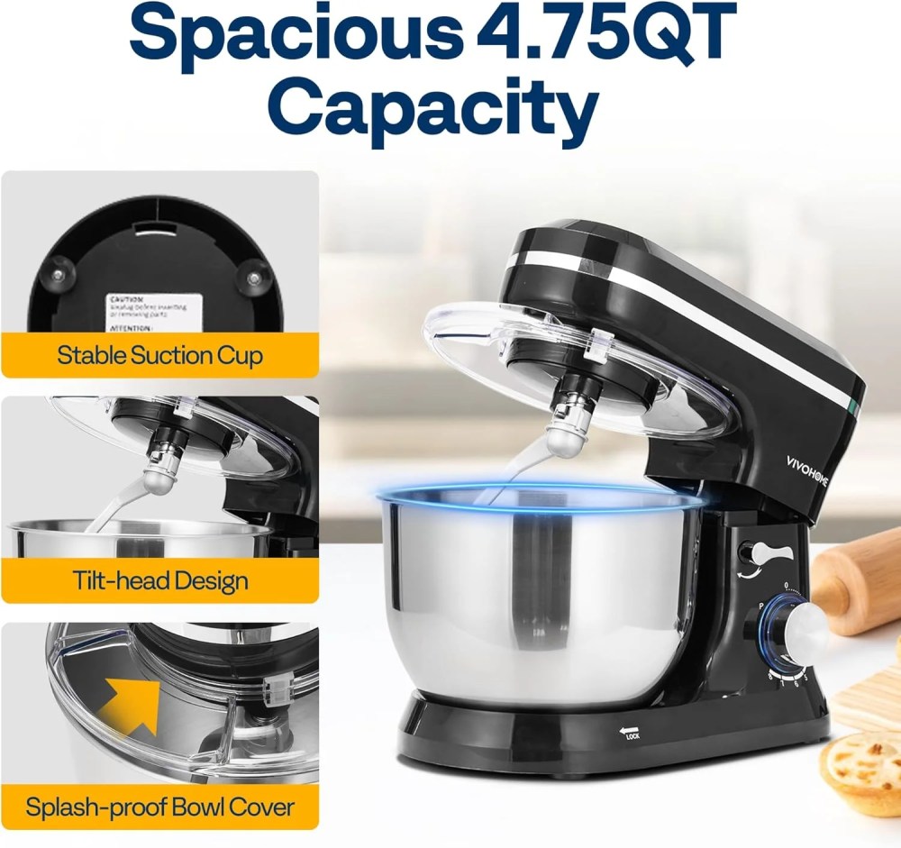 SPECSTAR 4.75 Quart Stand Mixer,8 Speed Kitchen Electric Food Mixer,Household Stand Mixer for Baking,Cake,Bread with Beater,Dough Hook,Wire Whip and Egg Separator,Black - Image 7
