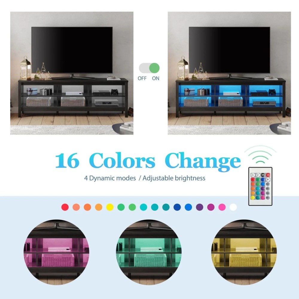 WAMPAT 70" Farmhouse TV Stand for TVs Up to 75 Inch,Wood TV Console with 16 Color LED Light for Living Room,Bedroom,Black - Image 6