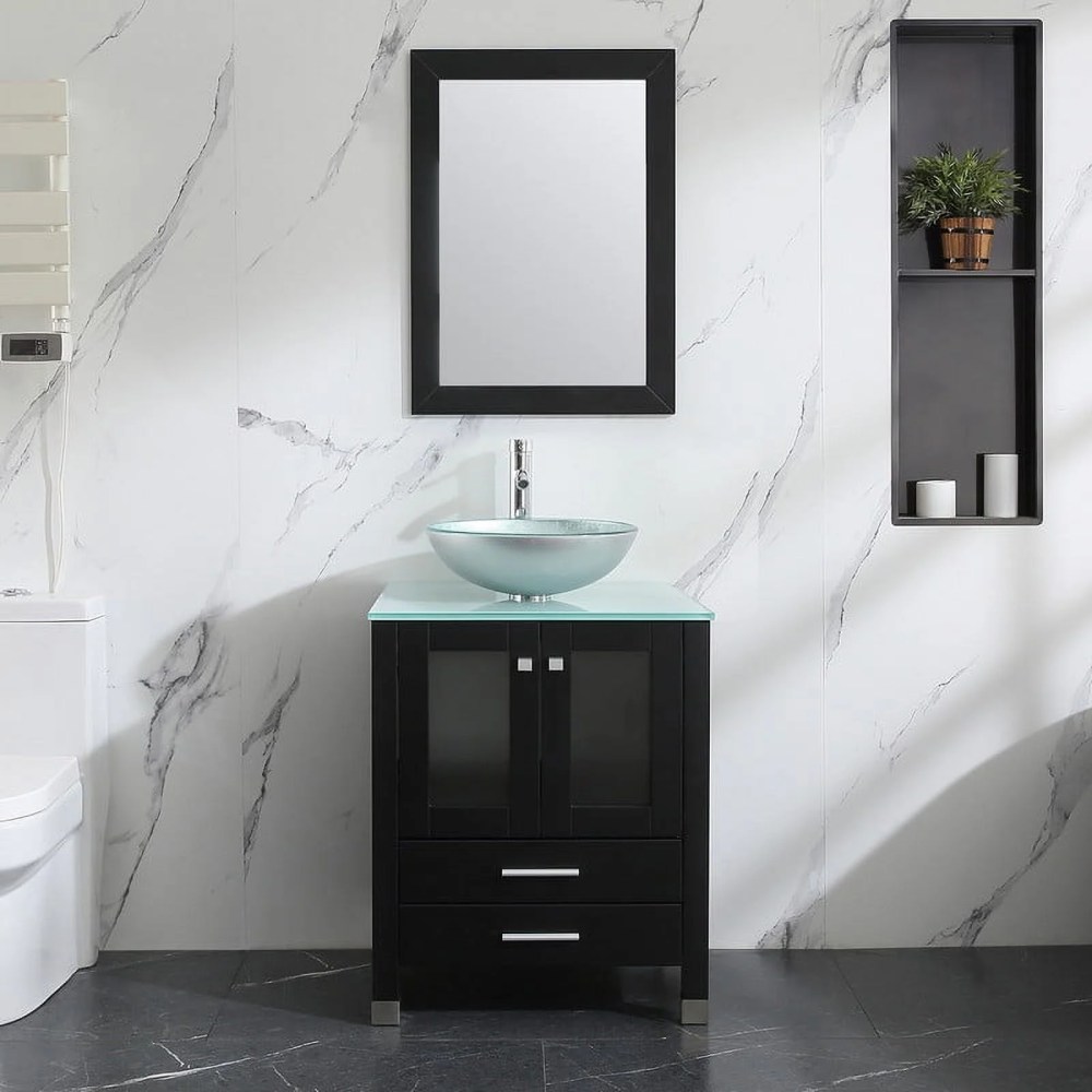 Walsport 24" Luxurious Bathroom Vanity and Sink Combo Cabinet with Silver Glass Vessel Sink and Faucet Pop Up Drain, Black