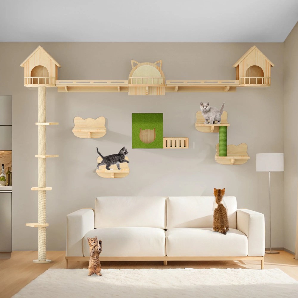 Craftian 21-Piece Cat Wall Shelves Set,  Pine Wood Cat Wall Furniture with 3 Houses,  1 Cat Bed,  6 Sisal Posts and 2 Tunnels,  Fun Cat Shelves and Perches for Wall,  Cat Climbing Shelf and Steps