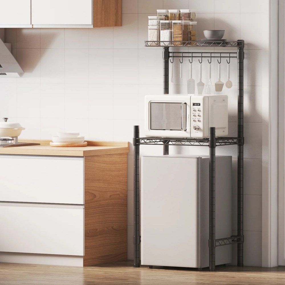 2-Tier Mini Fridge Storage Shelf Mini Fridge & Microwave Stand,Adjustable Metal Organizer Storage Rack with 7Hooks,Multifunctional Bakers Rack Coffee Bar Table for Kitchen Office Dorms Bedroom - Image 7