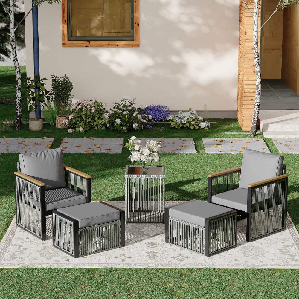 Vicluke 5 Pieces Patio Set Outdoor Furniture Sets Modern Chair Conversation Sets with Ottoman & Coffee Table for Yard and Bistro - Image 3