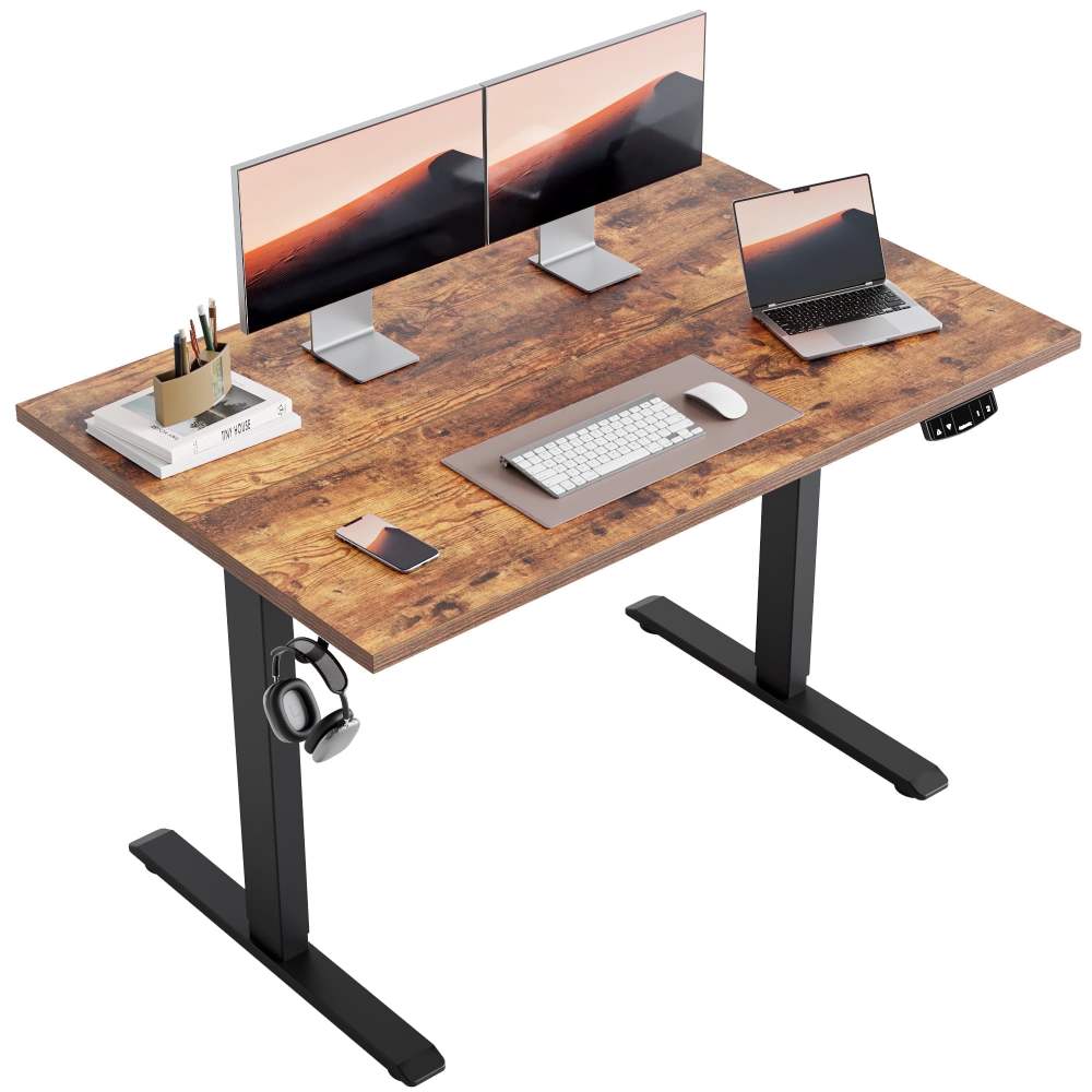 47.2 Inch Electric Height Adjustable Standing Desk,Ergonomic Home Office Desk with Memory Preset,Sit to Stand Computer Desk with Hooks,Rustic Brown