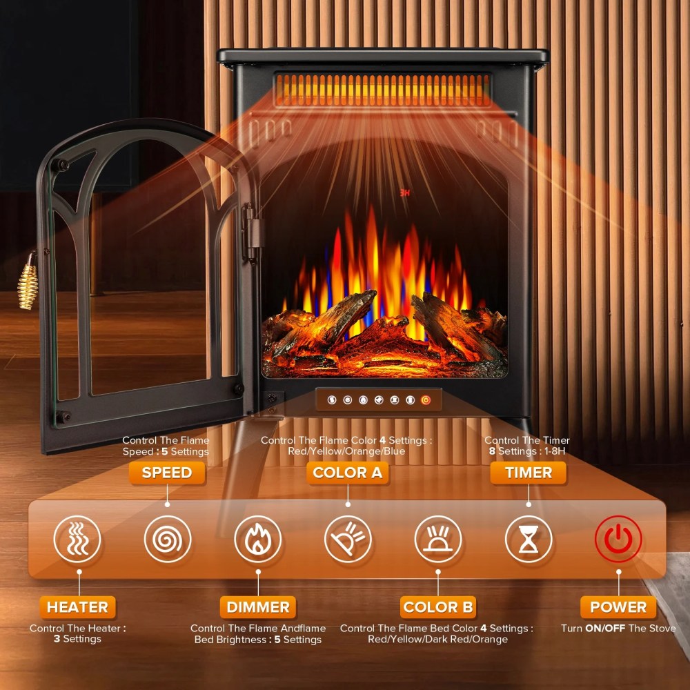 KISSAIR All-metal Electric Fireplace Heater 16",Frame Freestanding Stove,3D Flame,Remote Control,500W/1500W,Black - Image 5