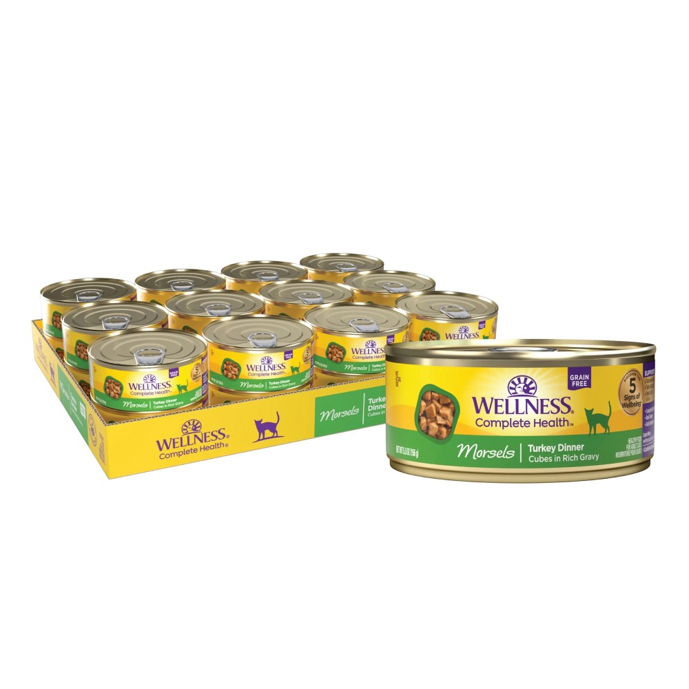 Wellness Complete Health Morsels Adult Canned Wet Cat Food,  Natural,  Protein Rich,  Grain Free,  Turkey Dinner Recipe,  5.5 oz,  Pack of 24 Cans