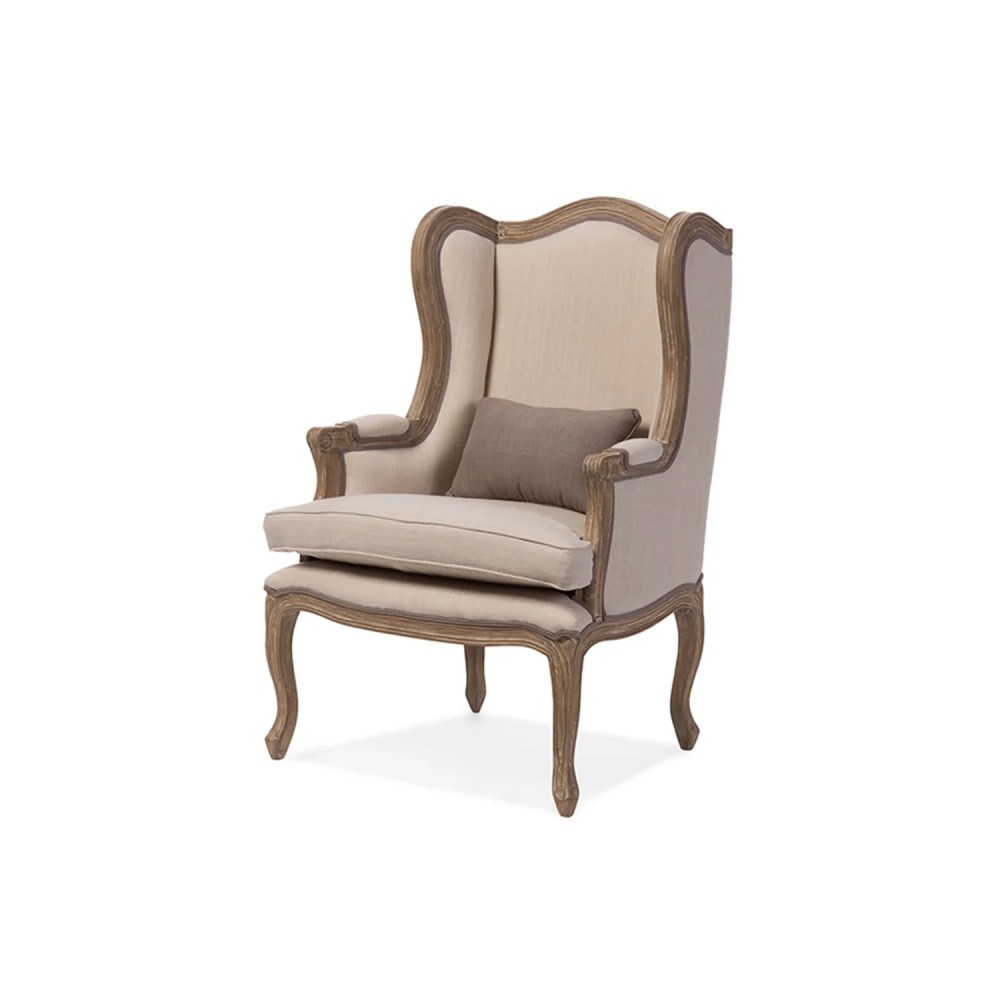 Baxton Studio Oreille French Provincial Style White Wash Distressed Two-tone Beige Upholstered Armchair - Image 2