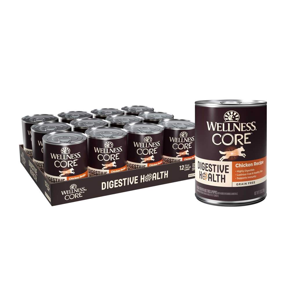 Wellness CORE Digestive Health Pate Adult Canned Wet Dog Food, Grain Free, Sensitive Stomach, Natural, Chicken Recipe, 13 oz, Pack of 12 Cans