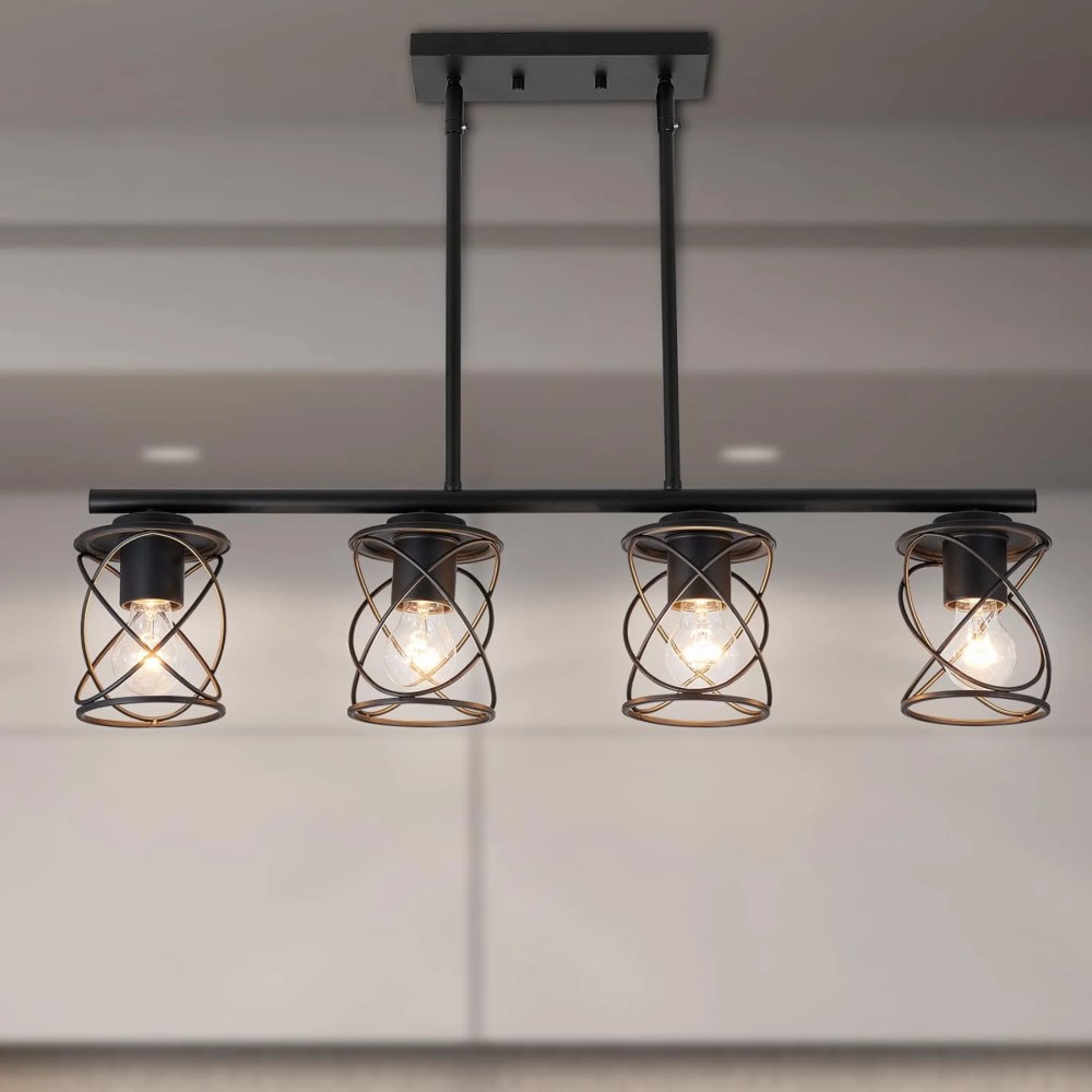 4-Light Kitchen Island Light,Dining Room Lighting Fixtures Hanging for Kitchen Island Table Living Room,Black Metal