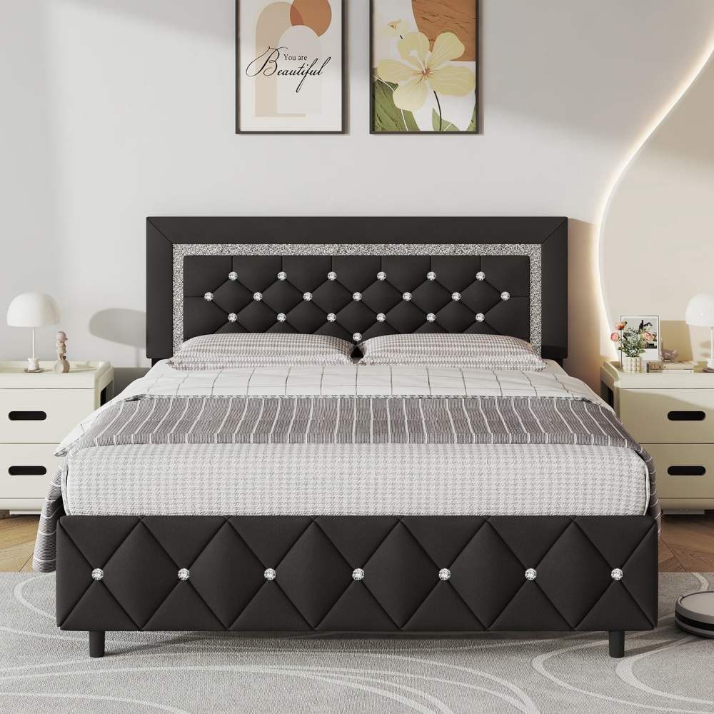 4 EVER WINNER Queen Bed Frame,Upholstered Platform Bed Frame with Headboard and Footboard,Diamond Headboard and Footboard Design,Black