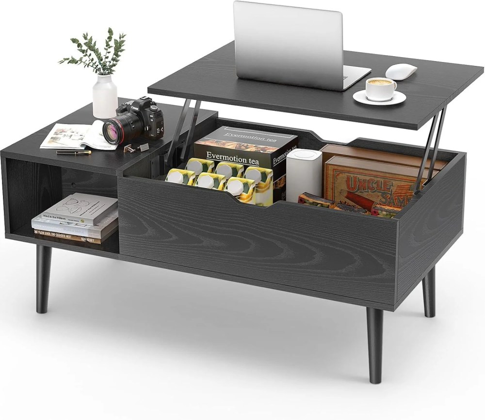 AENKYO Coffee Table,Lift Top Coffee Tables for Living Room with Storage Shelf and Hidden Compartment, Black