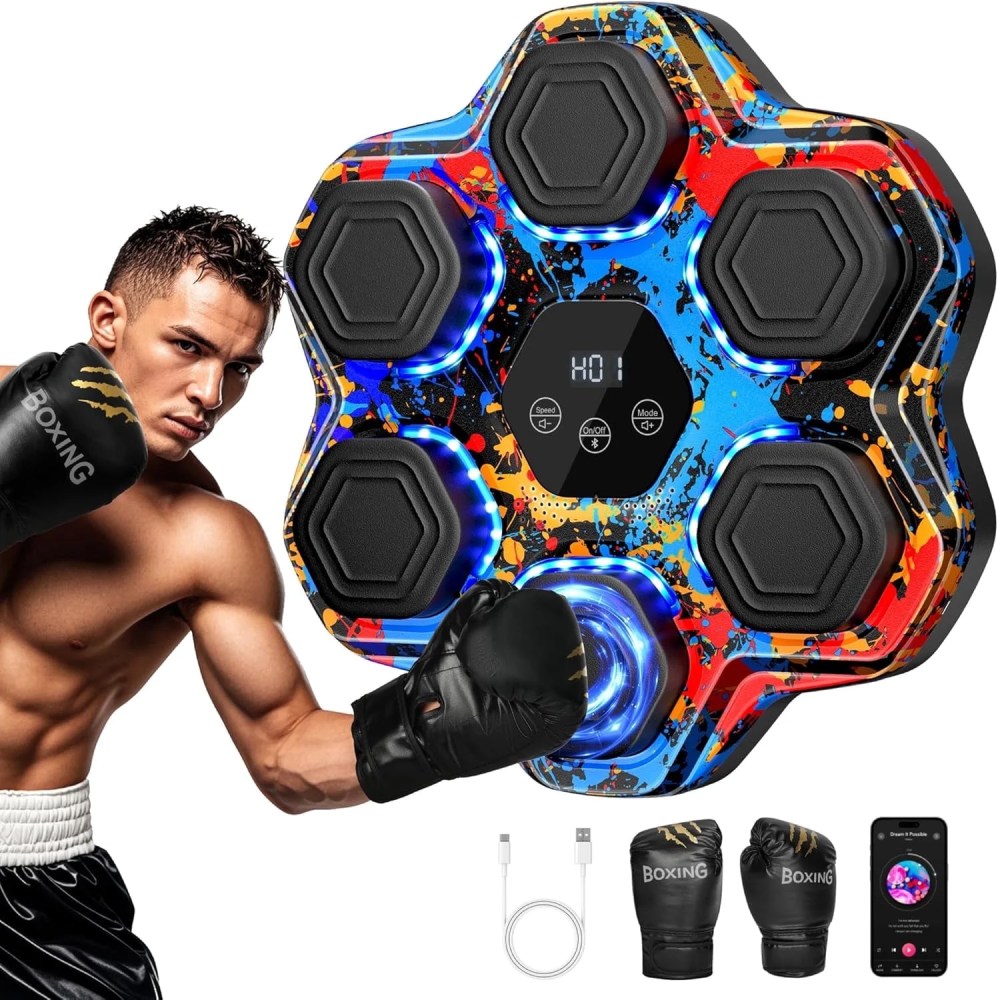 Music Boxing Machine - Interactive Punching Trainer with Boxing Gloves,  Large Wall-Mounted Electronic Punching Bag for Adults and Kids,  Featuring 9 Modes & 9 Speeds,  Bluetooth Connectivity