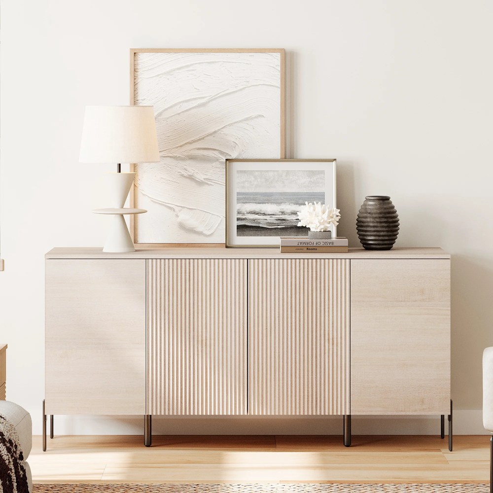 WAMPAT 61" Accent Cabinet with 4 Doors and Adjustable Shelves,Modern Credenza Storage Cabinet with Minimalist Reeded Design for Living Room,Kitchen,Dining Room,Hallway