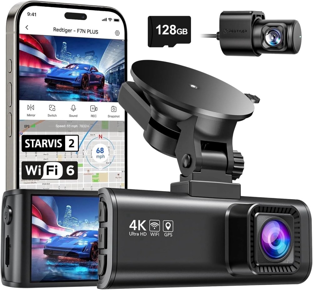REDTIGER F7NP Dash Cam Front and Rear, 4K Full HD Car Camera with STARVIS 2, 3.18" IPS Screen, Free 128GB Card, 5.8GHz Wi-Fi, GPS, Night Vision, Loop Recording, Parking Mode