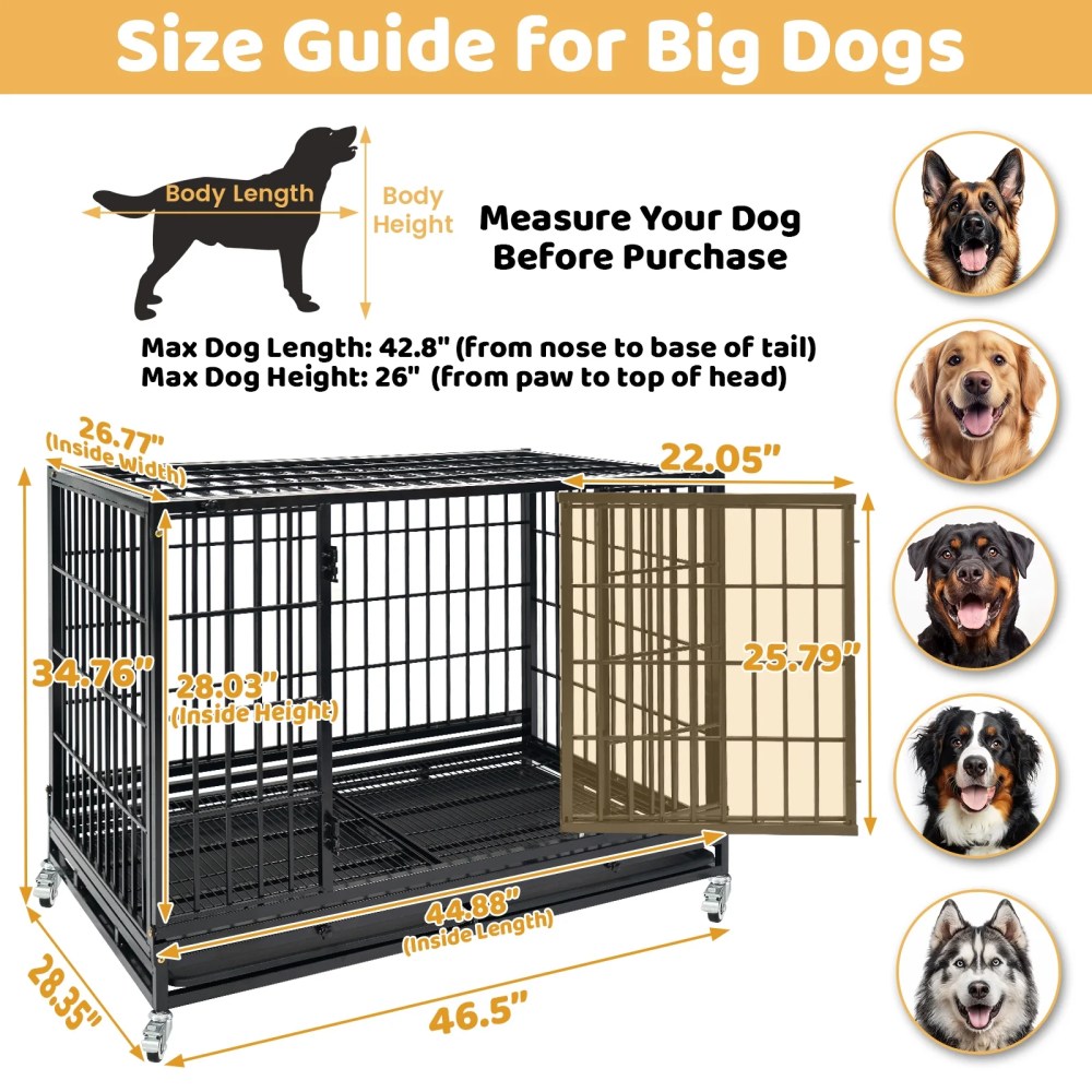 Homey Pet 47 Inch Stackable Heavy Duty Dog Crate, Indestructible Escape Proof Cage for High Anxiety Large Dogs, XL Dog Kennel Indoor with Auto Locks, No-Noise Grid, Dual Trays, 360'Wheels, Top Acces - Image 5