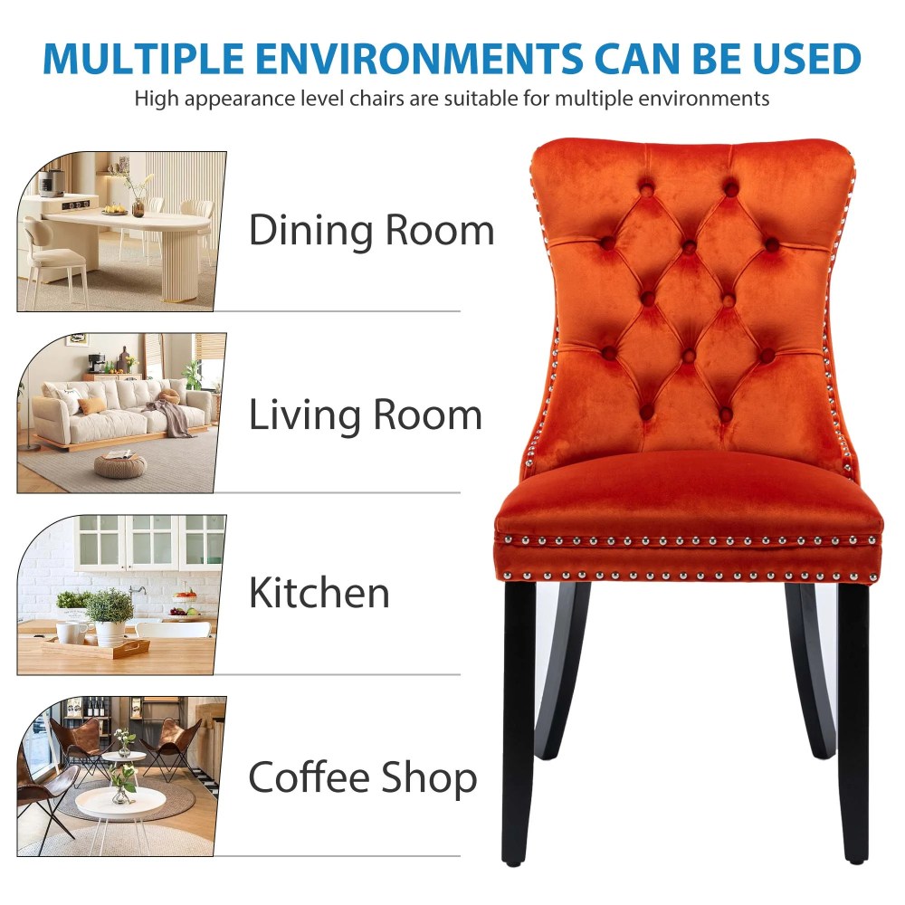 Aukfa High-End Upholstered Dining Chairs Set of 2, Modern Tufted Solid Wood Side Chair with Nailhead Trim - Orange - Image 8