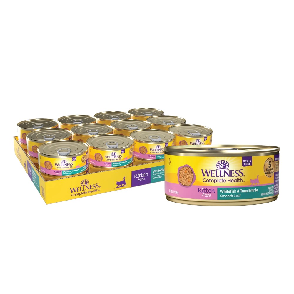 Wellness Complete Health Pate Kitten Canned Wet Cat Food,  Natural,  Protein Rich,  Grain Free,  Whitefish and Tuna Entre Recipe,  5.5 oz,  Pack of 24 Cans