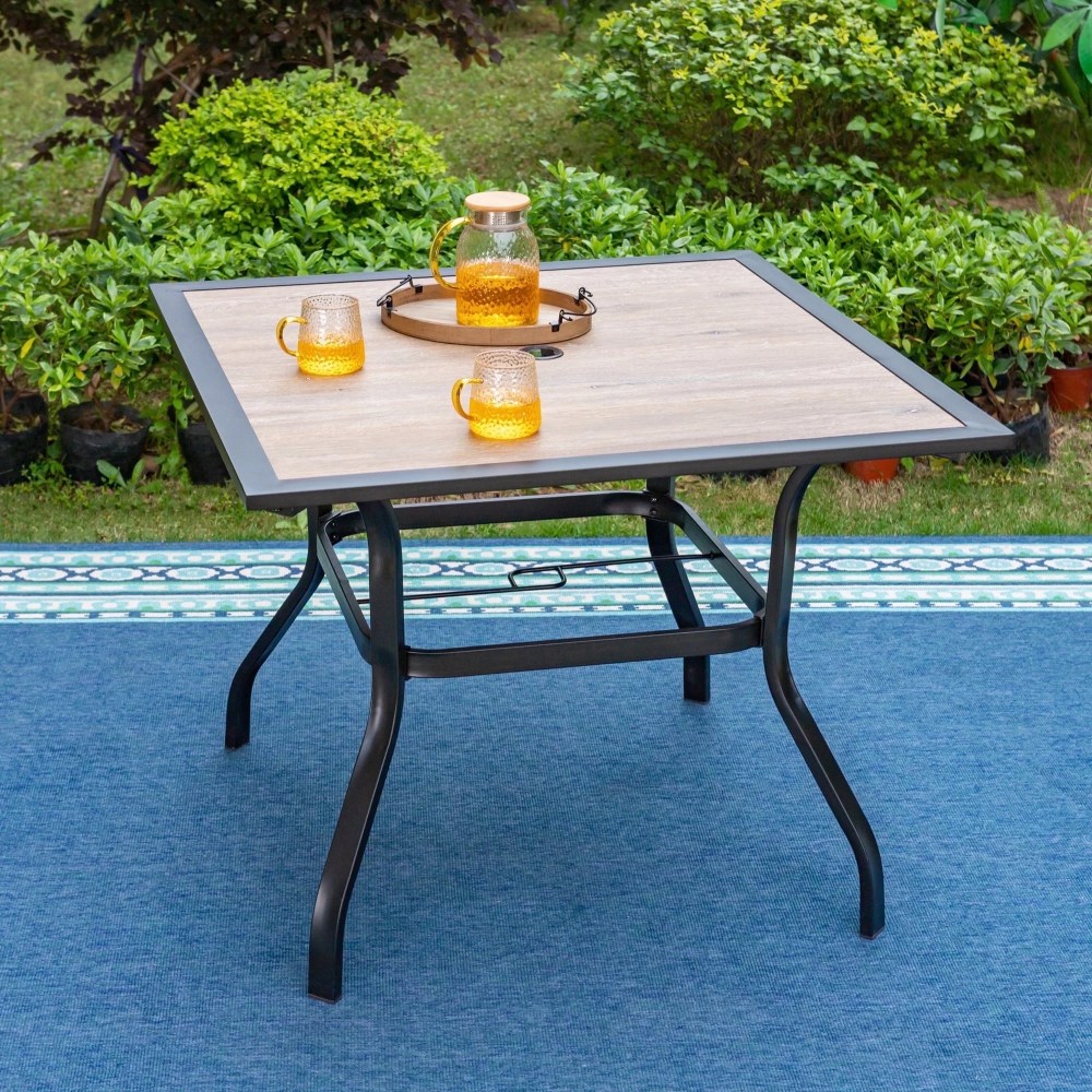 SUMMIT LIVING 37" Square Metal Outdoor Patio Dining Table, Wood-Look Table Top with Umbrella Hole for 4 People