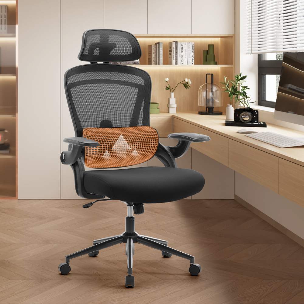 JIOABL Ergonomic High-Back Mesh Office Chair with Lumbar Support,Adjustable Armrests,and Breathable Design for Comfortable Long-Hour Work,Black