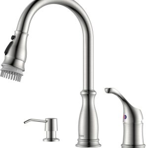 APPASO 3 Hole Kitchen Faucet with Pull Down Sprayer,Brushed Nickel High Arc Sink Faucet