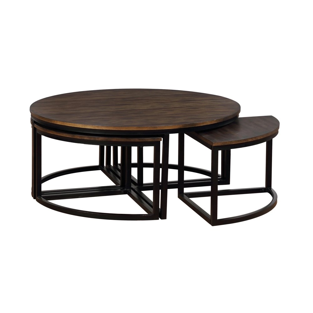 Alaterre Furniture Arcadia Acacia Wood 42" Round Coffee Table with Nesting Tables,Industrial Style Includes Four Wedge-Shaped Stowaway Tables,Antiqued Mocha