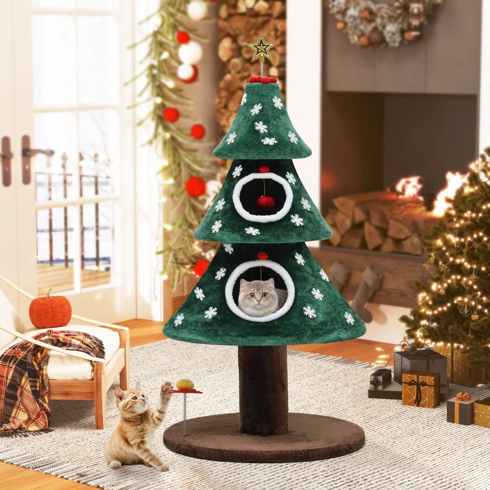 Dextrus 52" Cute Christmas Cat Tree - Festive 2-Tier Cat Tower with Cat Teaser Toy, Kittens Play Activity Center, Cat Furniture for Christmas Decoration