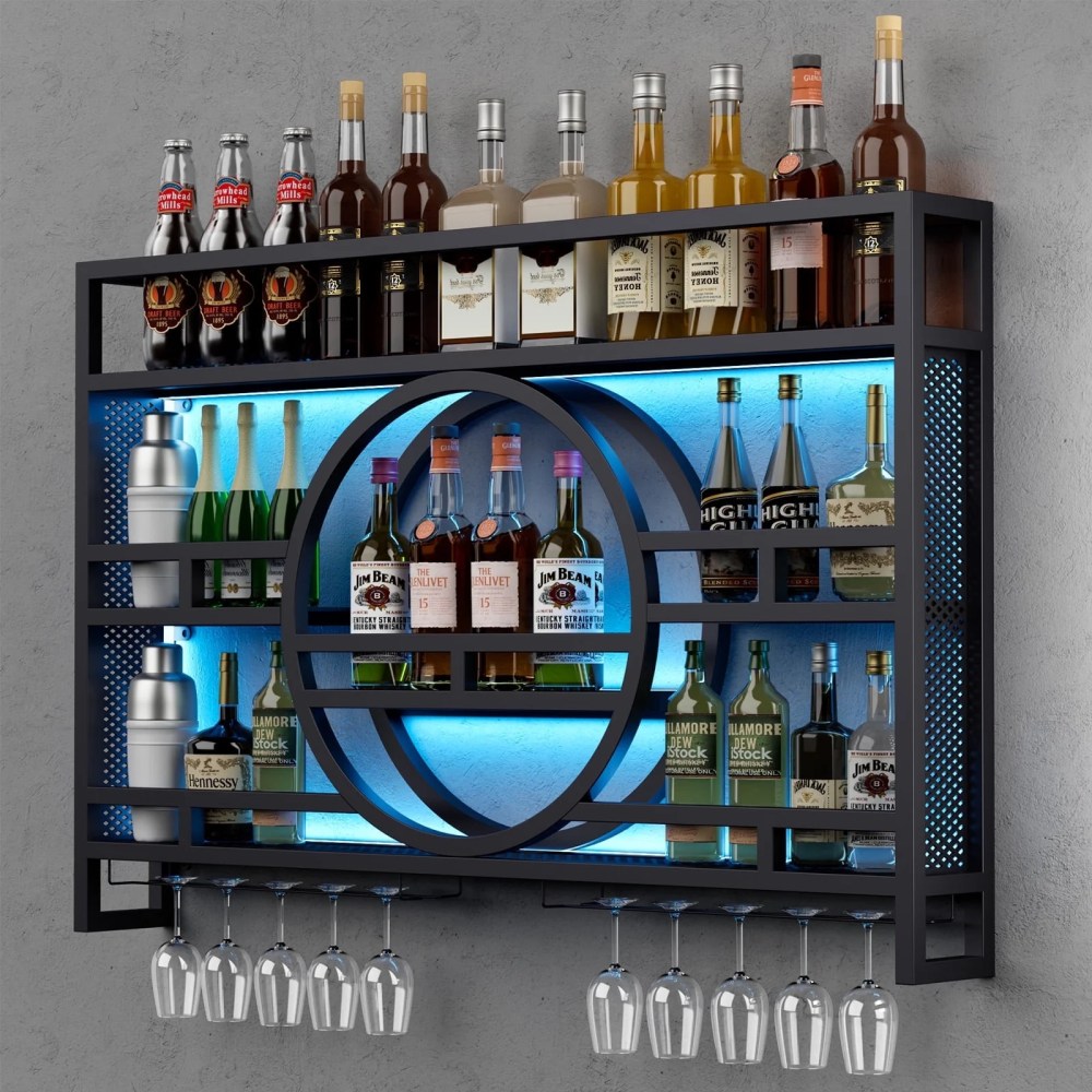 3-Tier Industrial Wine Rack Wall Mounted with LED Light,Floating Bar Shelves with Wine Glass Holder Hanging Liquor Shelf,Wall-Mounted Wine Racks Cabinets for Home Bar No Assembly Required 39 in