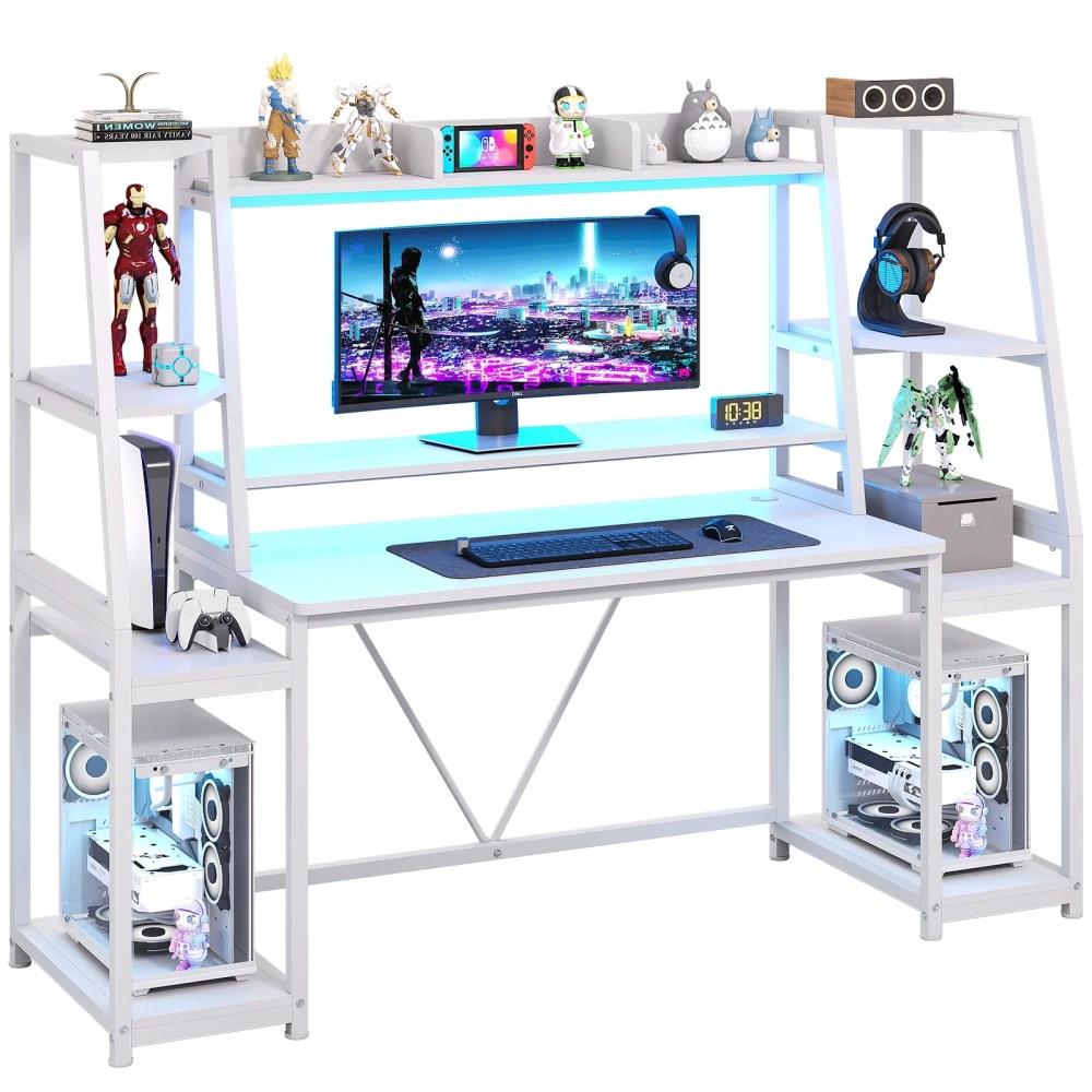 White Gaming Desk 65.7" with LED Lights,Hutch and Storage Shelves,Computer Desk with Monitor Stand,Large PC Gamer Desk Workstation,Ergonomic Gaming Table for Bedroom,Living Room - Image 3