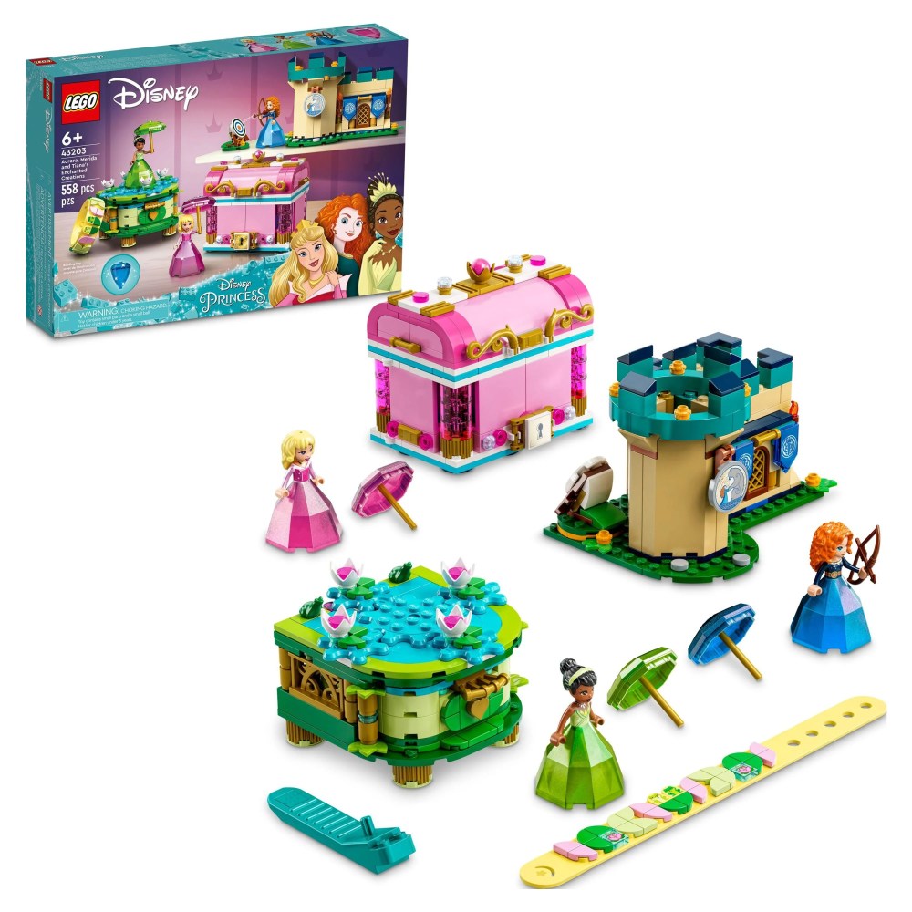 LEGO Disney Princess Aurora, Merida & Tiana's Enchanted Creations 43203 Diamond Dress Set with 2 Buildable Jewelry Boxes, Pencil Holder, DOTS Bracelet and Mini-Dolls
