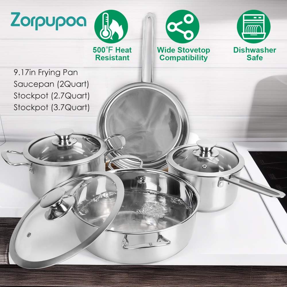Zorpupoa 6Pc/Set Kitchen Pots and Pans Set,Stainless Steel Cookware Set 500" F Heat Resistant with 2.7/3.7 Quart Stockpot 2 Quart Saucepan 9.17in Frying Pan,Silver
