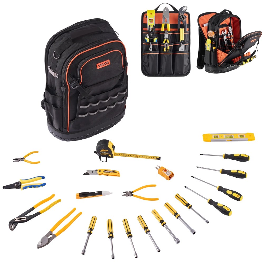 VEVOR Tool Backpack with Tools,65 Pockets,Heavy-duty Tools Storage Organizer Bags with Laptop Compartment & Molded Base,Electrician Jobsite Backpack for Electrician,Repairman,and HVAC Techs