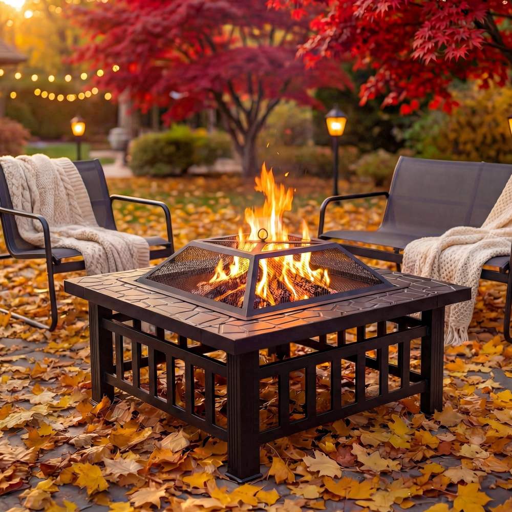 32" Fire Pits for Outside,SYNGAR Wood Burning Bonfire Fire Pit Table with Mesh Lid,Grate and Poker,Outdoor Metal Square Fire Pit for BBQ,Camping,Picnics,Backyard