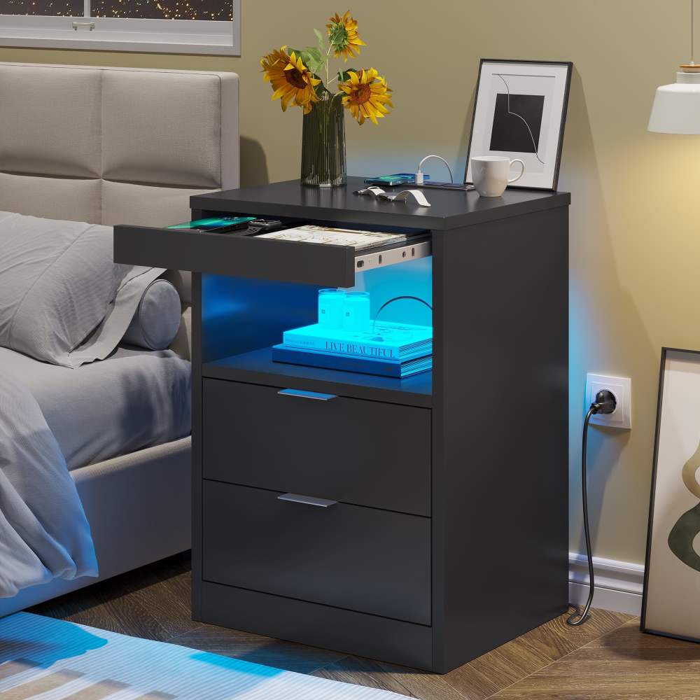 Afuhokles Nightstand with Wireless Charging Station,LED Bedside Table with with 2 Drawers,Black